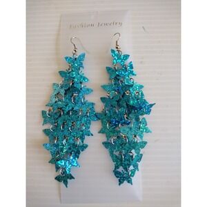 Ethnic Blue Butterfly Tassel Long‎ Drop Dangle Earrings Gradient Bohemian